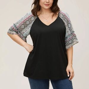 BloomChic Plus Size 2XL Boho Print Patchwork Raglan Sleeve T-shirt us18-20